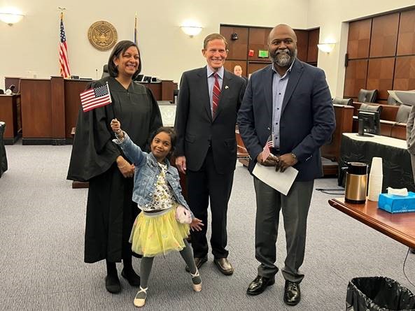 Blumenthal attended a naturalization ceremony in Hartford. 